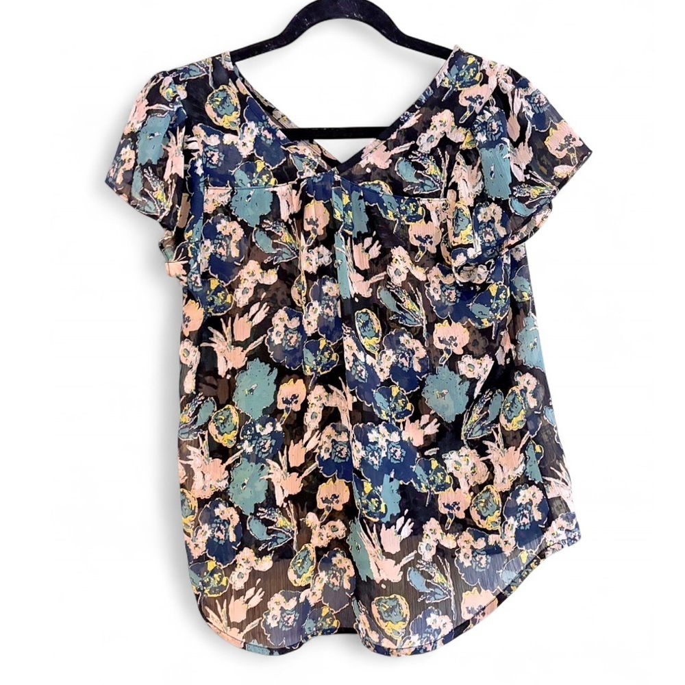 Fun 2 Fun Navy Teal Flutter Sleeve V-Neck Sheer Floral Boho Blouse Size Small - Picture 3 of 11